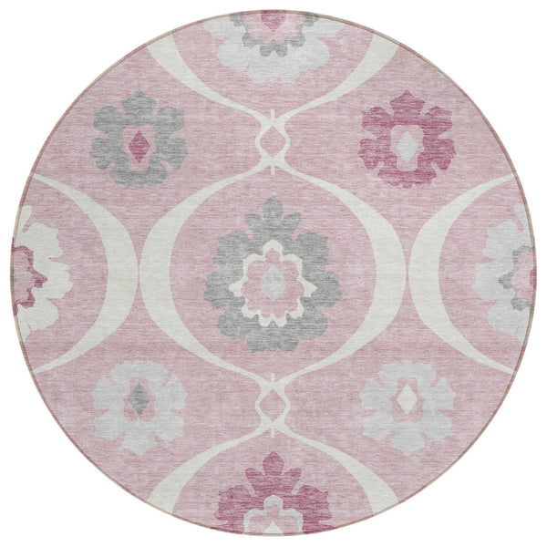 HomeRoots 5' Pink Blush and Gray Medallion Area Rug – Stylish, Washable, Durable Design for Indoor and Outdoor Use 8' Round 589634