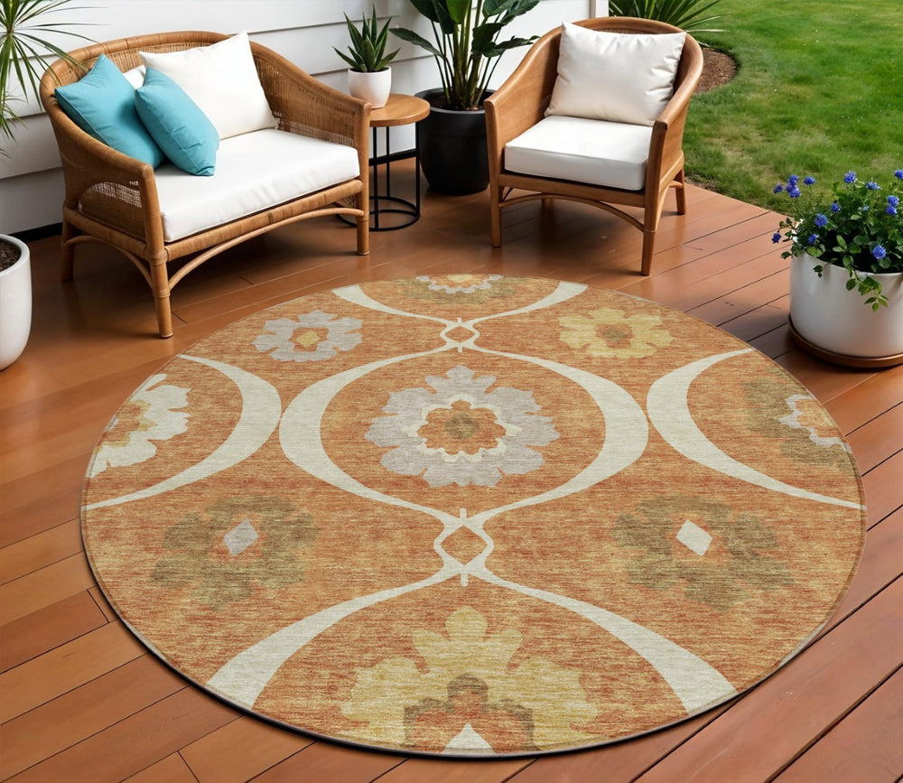 HomeRoots 5' Stylish Orange Copper and Gray Medallion Area Rug – Washable, Durable for Indoor & Outdoor Spaces 8' Round 589640