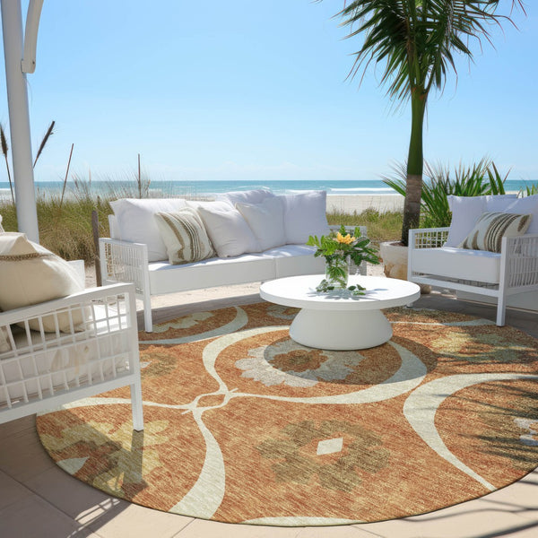 Homeroots 3' Black Ivory And Taupe Medallion Washable Area Rug For Indoor And Outdoor Spaces, Durable Design 8' Round Polyester 589640