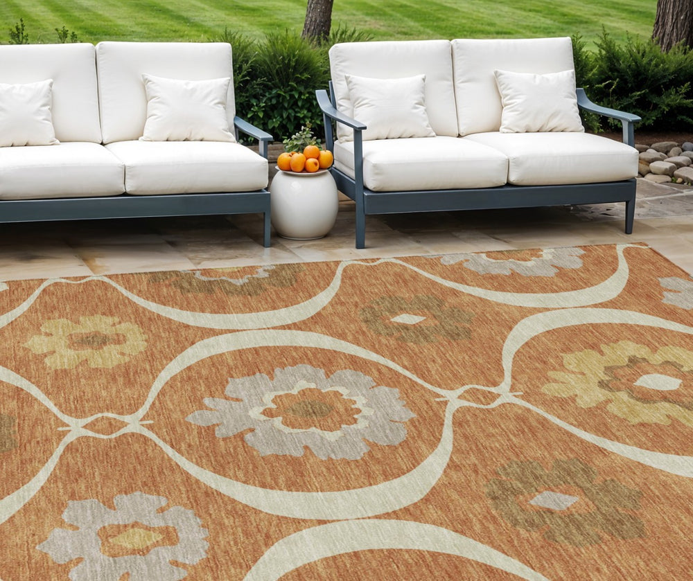 HomeRoots 9' Durable Medallion Indoor Outdoor Area Rug in Vibrant Orange-Copper and Gray for Every Space 9' X 12' 589642
