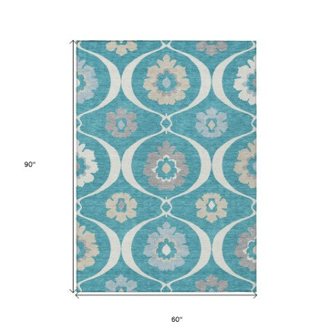 Homeroots 3' Black Ivory And Taupe Medallion Washable Area Rug For Indoor And Outdoor Spaces, Durable Design 5' X 8' Polyester 589645