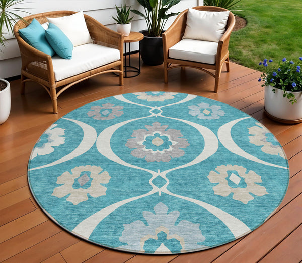 Homeroots 3' Black Ivory And Taupe Medallion Washable Area Rug For Indoor And Outdoor Spaces, Durable Design 8' Round Polyester 589646