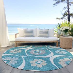 Homeroots 3' Black Ivory And Taupe Medallion Washable Area Rug For Indoor And Outdoor Spaces, Durable Design 8' Round Polyester 589646