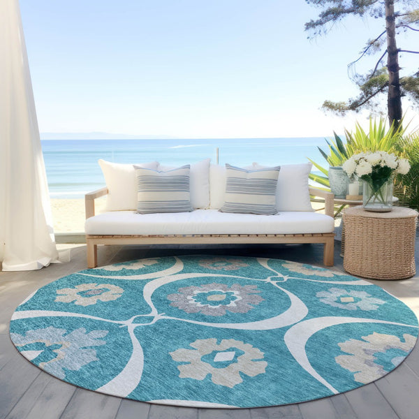 Homeroots 3' Black Ivory And Taupe Medallion Washable Area Rug For Indoor And Outdoor Spaces, Durable Design 8' Round Polyester 589646