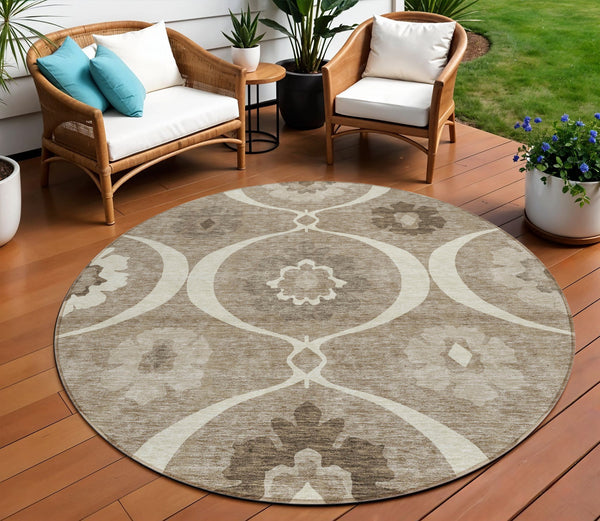 Homeroots 3' Black Ivory And Taupe Medallion Washable Area Rug For Indoor And Outdoor Spaces, Durable Design 8' Round Polyester 589652