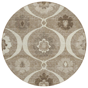 HomeRoots 5' Durable Taupe Brown & Ivory Medallion Area Rug - Washable, Stain-Resistant for Indoor/Outdoor Use 8' Round 589652
