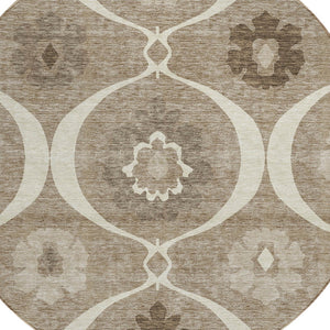 Homeroots 3' Black Ivory And Taupe Medallion Washable Area Rug For Indoor And Outdoor Spaces, Durable Design 8' Round Polyester 589652