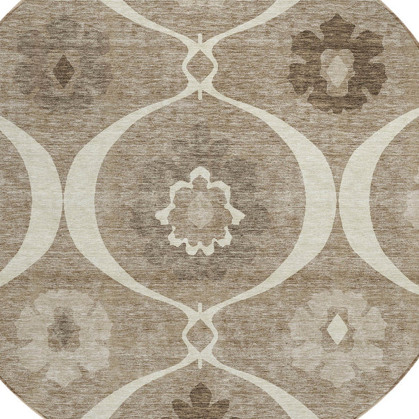 Homeroots 3' Black Ivory And Taupe Medallion Washable Area Rug For Indoor And Outdoor Spaces, Durable Design 8' Round Polyester 589652