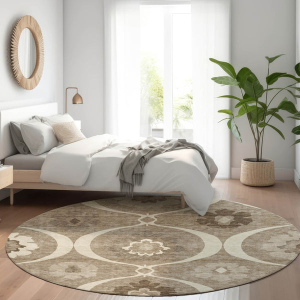 Homeroots 3' Black Ivory And Taupe Medallion Washable Area Rug For Indoor And Outdoor Spaces, Durable Design 8' Round Polyester 589652