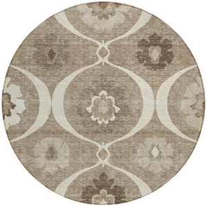 Homeroots 3' Black Ivory And Taupe Medallion Washable Area Rug For Indoor And Outdoor Spaces, Durable Design 8' Round Polyester 589652