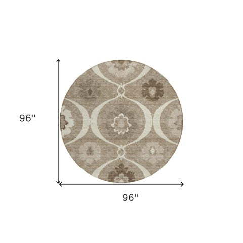 Homeroots 3' Black Ivory And Taupe Medallion Washable Area Rug For Indoor And Outdoor Spaces, Durable Design 8' Round Polyester 589652
