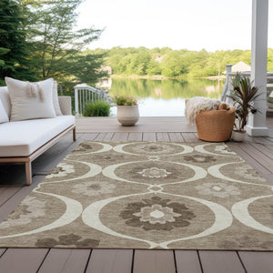 Homeroots 3' Black Ivory And Taupe Medallion Washable Area Rug For Indoor And Outdoor Spaces, Durable Design 8' X 10' Polyester 589653