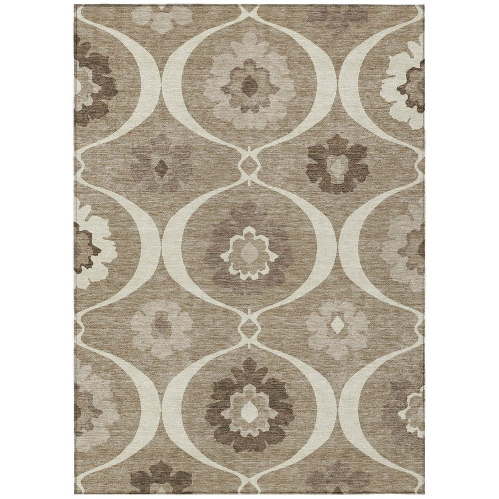 HomeRoots 5' Durable Taupe Brown & Ivory Medallion Area Rug - Washable, Stain-Resistant for Indoor/Outdoor Use 8' X 10' 589653