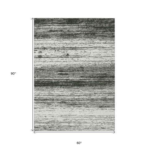 Homeroots 3' Black Ivory And Gray Striped Indoor Outdoor Area Rug - Stylish, Washable, And Stain Resistant! 5' X 8' Polyester 589657