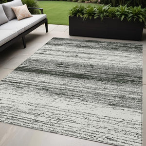Homeroots 3' Black Ivory And Gray Striped Indoor Outdoor Area Rug - Stylish, Washable, And Stain Resistant! 5' X 8' Polyester 589657