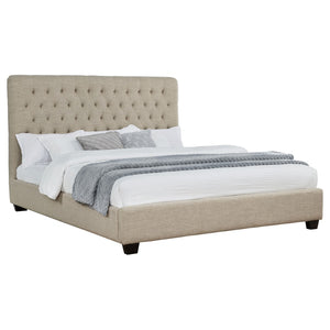 English Elm Oatmeal Tufted Upholstered California King Bed Espresso Birch Legs Open Silhouette B062S01846