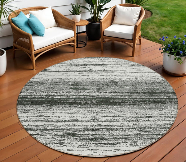 Homeroots 3' Black Ivory And Gray Striped Indoor Outdoor Area Rug - Stylish, Washable, And Stain Resistant! 8' Round Polyester 589658