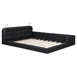 English Elm Queen PU Leather Upholstered Platform Bed with Built-In Dual Reading Lights and Sturdy 600lb Capacity Black SF000186AAB