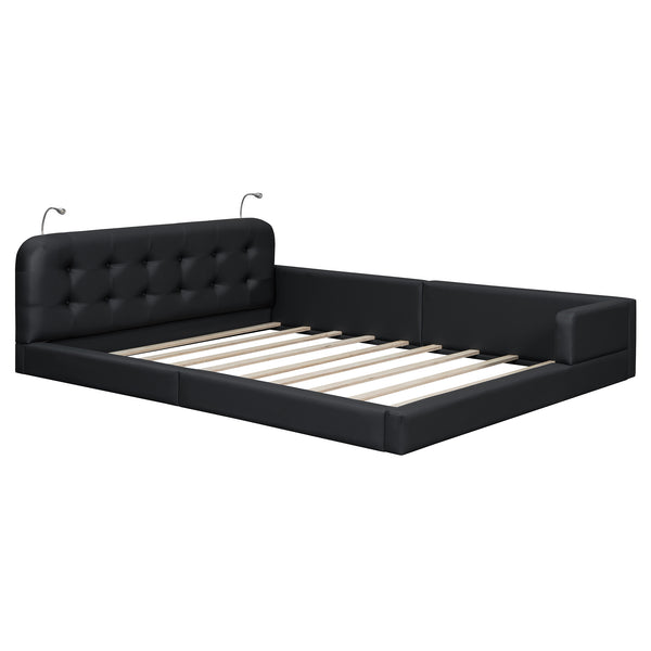 English Elm Queen PU Leather Upholstered Platform Bed with Built-In Dual Reading Lights and Sturdy 600lb Capacity Black SF000186AAB