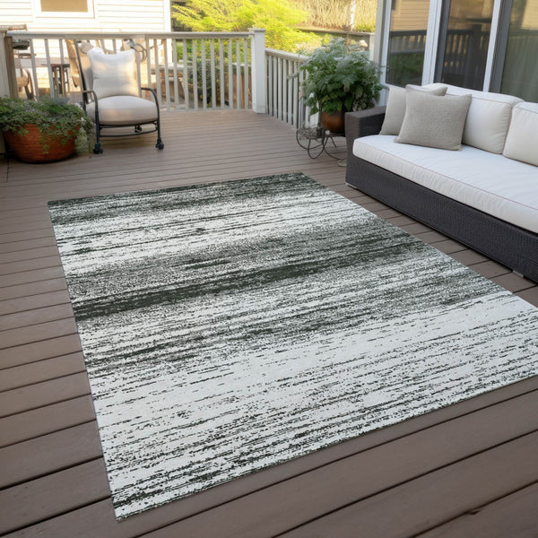 Homeroots 3' Black Ivory And Gray Striped Indoor Outdoor Area Rug - Stylish, Washable, And Stain Resistant! 9' X 12' Polyester 589660