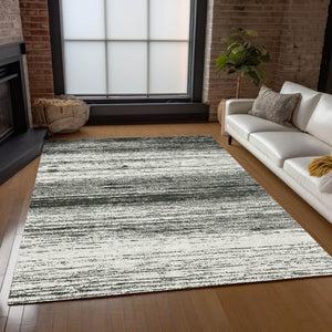 Homeroots 3' Black Ivory And Gray Striped Indoor Outdoor Area Rug - Stylish, Washable, And Stain Resistant! 9' X 12' Polyester 589660