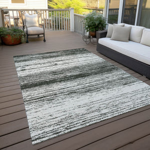 Homeroots 3' Black Ivory And Gray Striped Indoor Outdoor Area Rug - Stylish, Washable, And Stain Resistant! 10' X 14' Polyester 589661