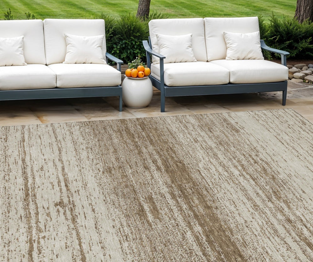 HomeRoots 9' Brown and Beige Striped Washable Area Rug - Stylish, Durable, Indoor/Outdoor for High-Traffic Spaces 9' X 12' 589666