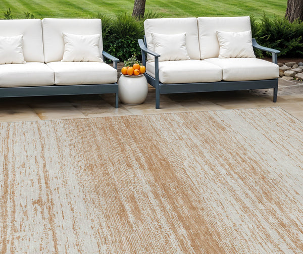 Homeroots 3' Black Ivory And Gray Striped Indoor Outdoor Area Rug - Stylish, Washable, And Stain Resistant! 10' X 14' Polyester 589673