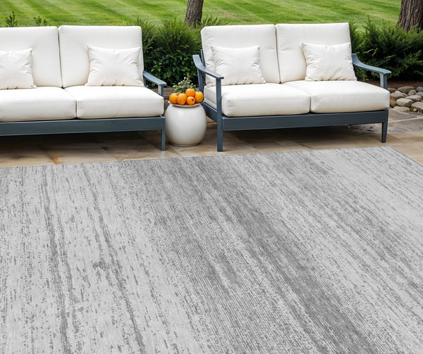 Homeroots 3' Black Ivory And Gray Striped Indoor Outdoor Area Rug - Stylish, Washable, And Stain Resistant! 10' X 14' Polyester 589685