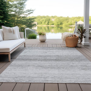 Homeroots 3' Black Ivory And Gray Striped Indoor Outdoor Area Rug - Stylish, Washable, And Stain Resistant! 10' X 14' Polyester 589685