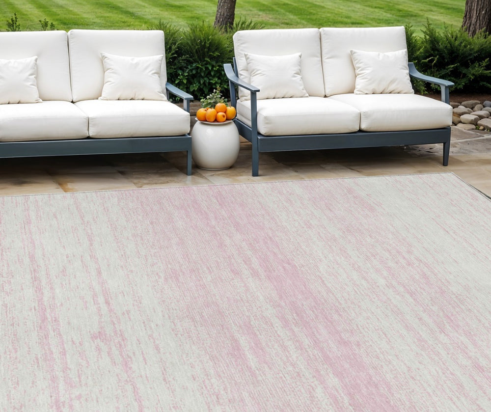 HomeRoots 9' Elegant Pink and Ivory Striped Washable Area Rug for Indoor and Outdoor Spaces, Durable Design 9' X 12' 589714