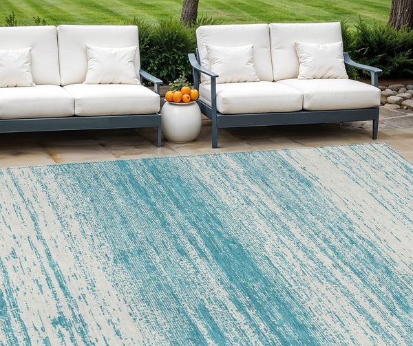 Homeroots 3' Black Ivory And Gray Striped Indoor Outdoor Area Rug - Stylish, Washable, And Stain Resistant! 10' X 14' Polyester 589739