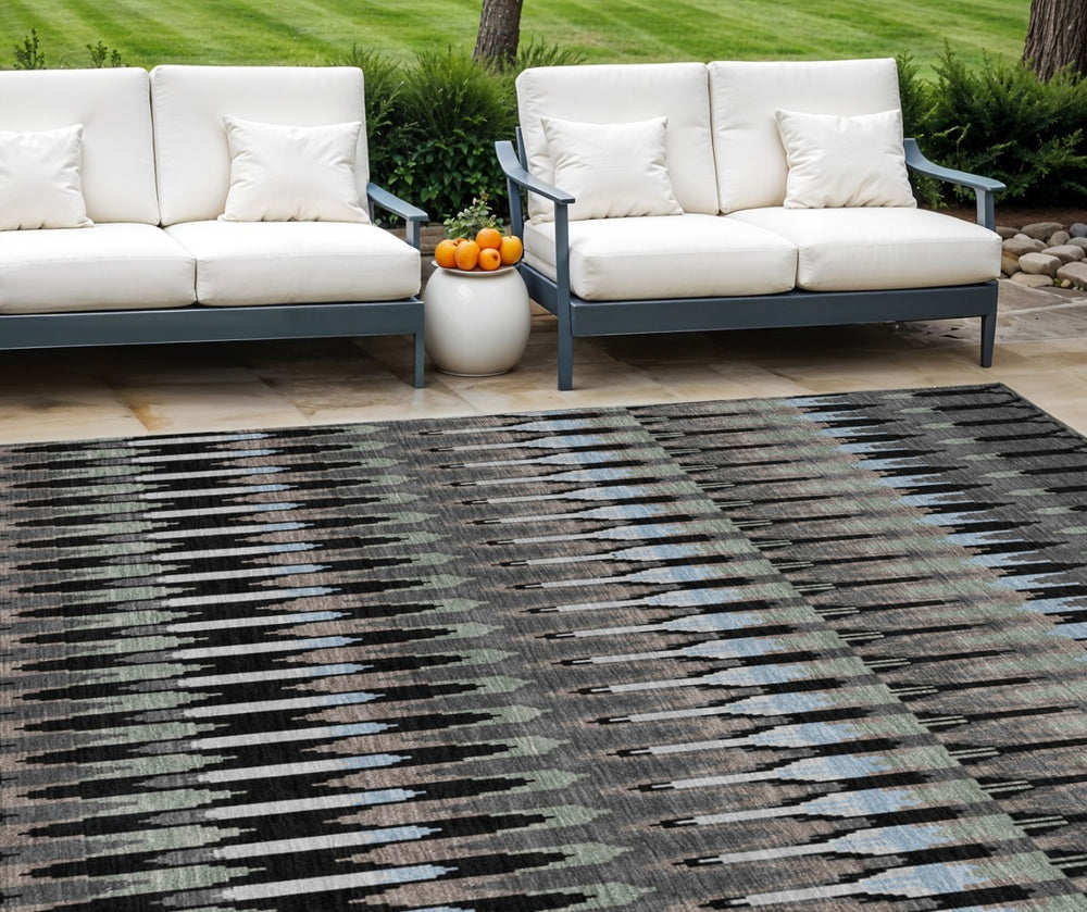HomeRoots 9' Washable Indoor Outdoor Area Rug with Bold Southwestern Design in Black, Gray, and Blue Tones 9' X 12' 589762