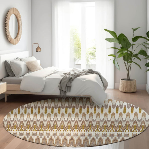 Homeroots 3' Beige Taupe And Gold Southwestern Indoor Outdoor Area Rug - Durable, Washable, Stylish Decor 8' Round Polyester 589766