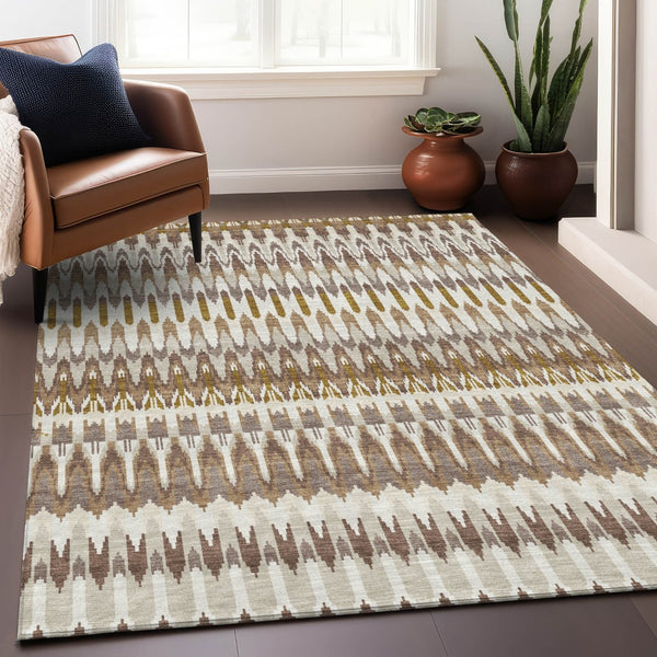 Homeroots 3' Beige Taupe And Gold Southwestern Indoor Outdoor Area Rug - Durable, Washable, Stylish Decor 8' X 10' Polyester 589767