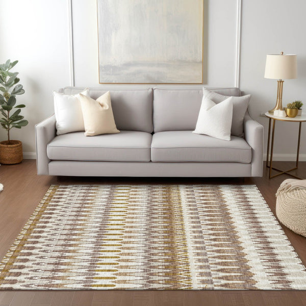Homeroots 3' Beige Taupe And Gold Southwestern Indoor Outdoor Area Rug - Durable, Washable, Stylish Decor 9' X 12' Polyester 589768