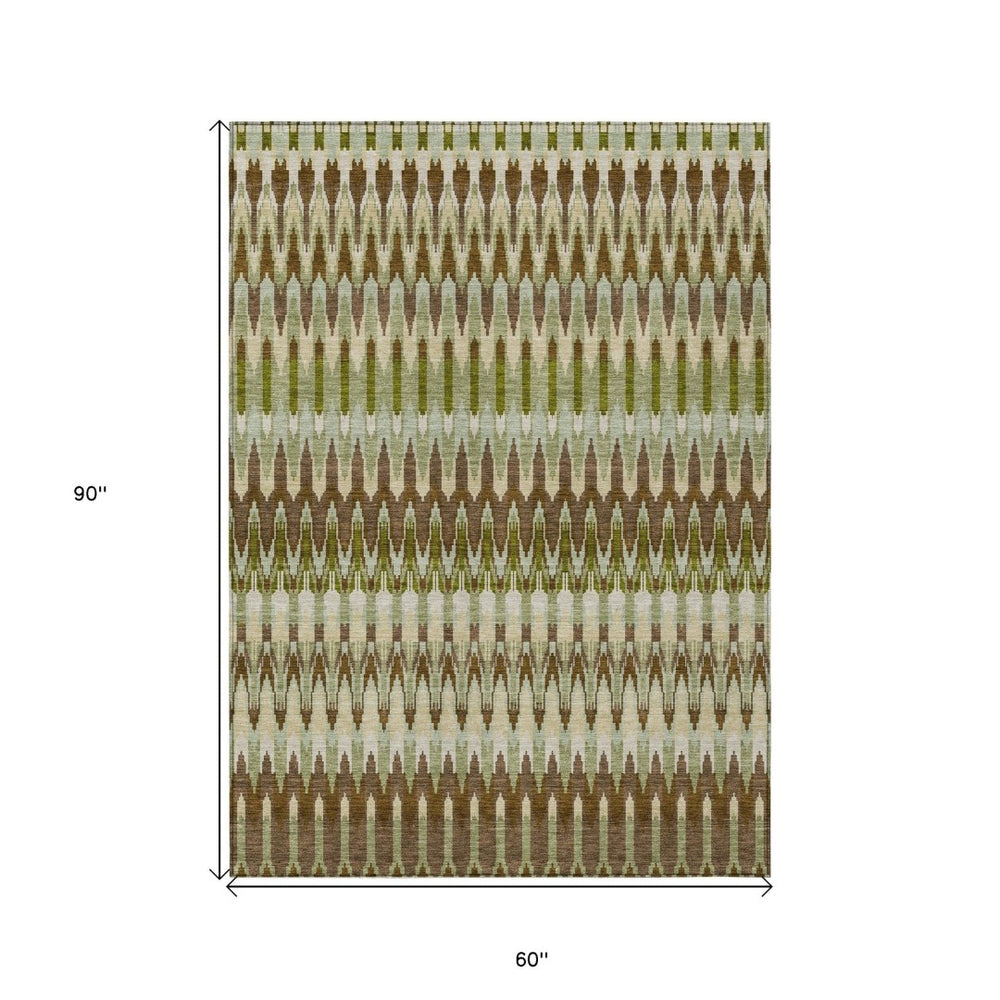 HomeRoots 5' Artichoke Green & Brown Southwestern Area Rug - Durable, Washable, Indoor/Outdoor Style Solution 5' X 8' 589783