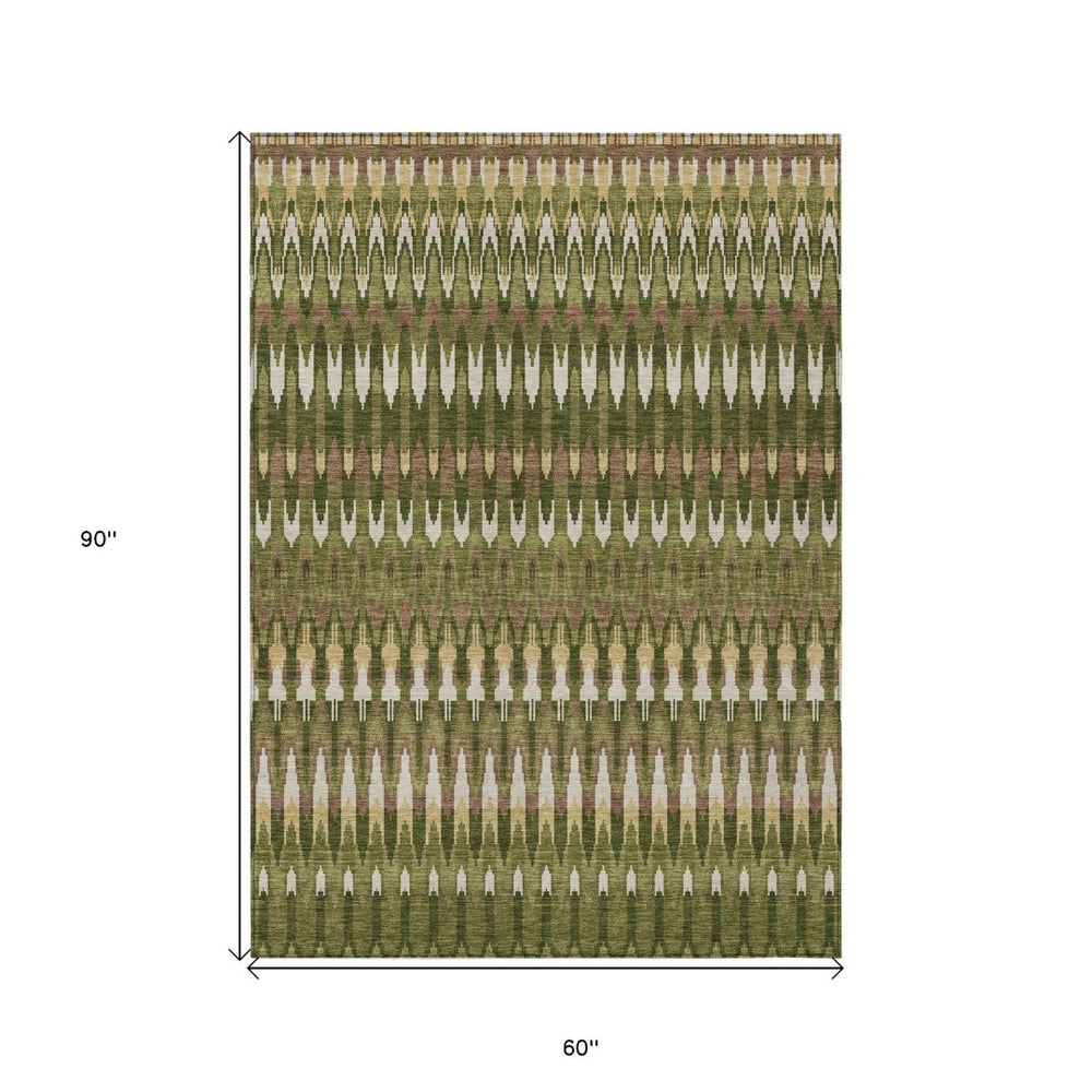 HomeRoots 5' Olive Green Brown Gold Southwestern Area Rug - Durable, Washable, Ideal for Indoor & Outdoor Spaces 5' X 8' 589819