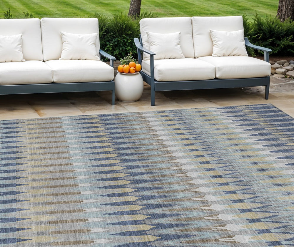 HomeRoots 9' Southwestern Indoor Outdoor Area Rug in Taupe, Navy & Denim Blue - Durable, Washable & Stylish 9' X 12' 589834