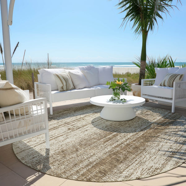 Homeroots 3' Artichoke Green And Ivory Striped Washable Indoor Outdoor Area Rug For Stylish Living Spaces 8' Round Polyester 589862