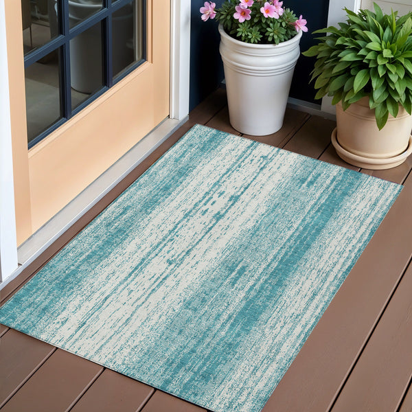 Homeroots 3' Artichoke Green And Ivory Striped Washable Indoor Outdoor Area Rug For Stylish Living Spaces 3' X 5' Polyester 589914
