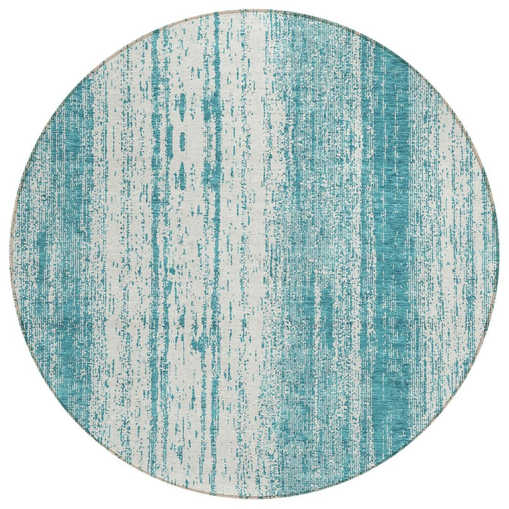 HomeRoots 5' Teal Blue and Ivory Striped Washable Area Rug for Indoor and Outdoor Spaces – Durable, Stylish & Easy-Care 8' Round 589916