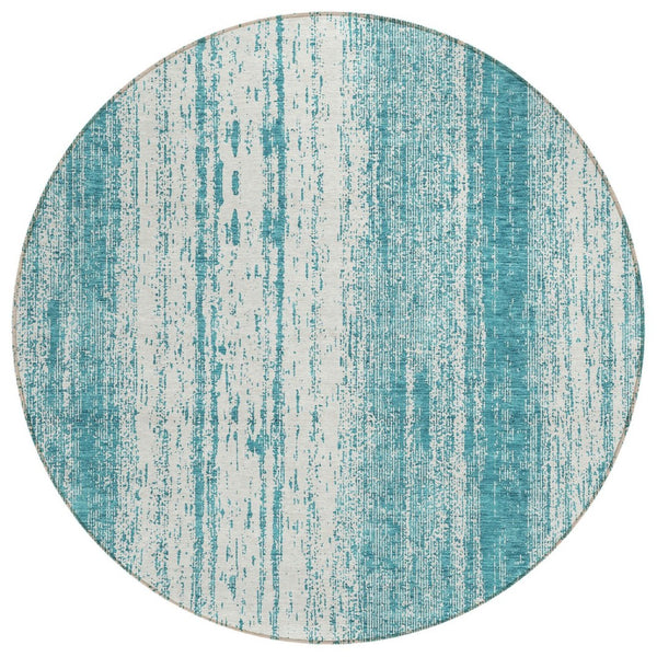 HomeRoots 5' Teal Blue and Ivory Striped Washable Area Rug for Indoor and Outdoor Spaces – Durable, Stylish & Easy-Care 8' Round 589916