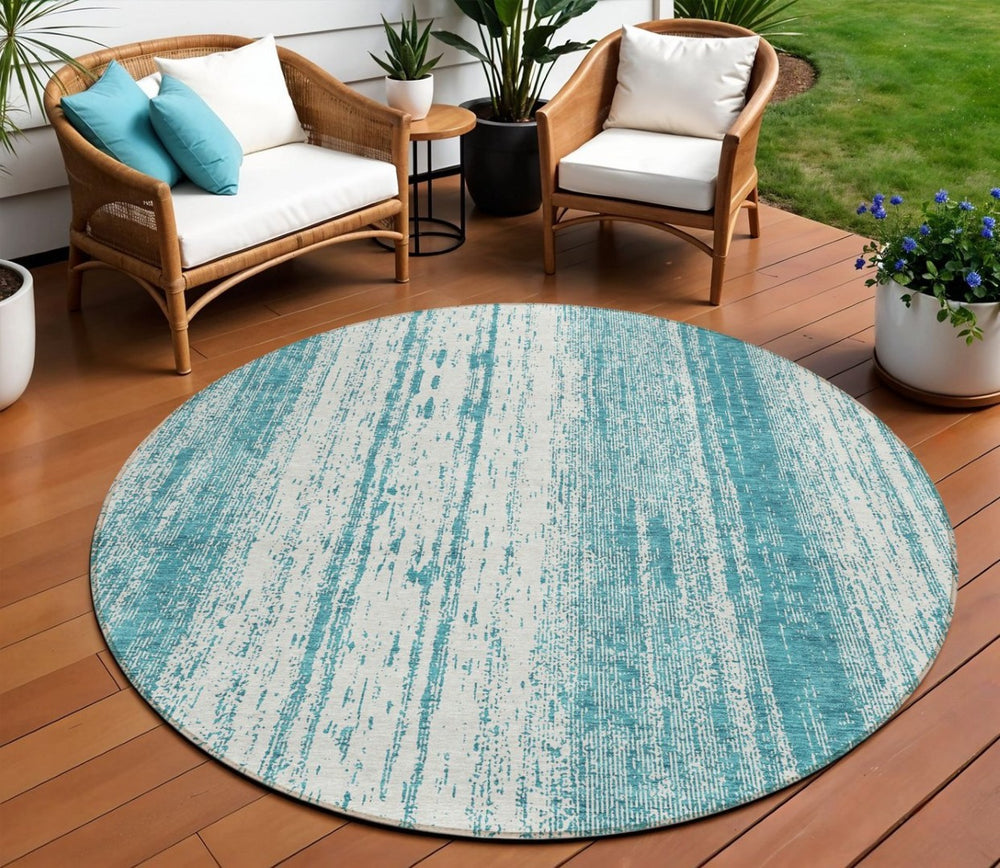 HomeRoots 5' Teal Blue and Ivory Striped Washable Area Rug for Indoor and Outdoor Spaces – Durable, Stylish & Easy-Care 8' Round 589916