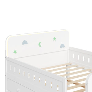 English Elm Wooden Full Bed Frame with Led Headboard Four Storage Drawers and Ladder Shelf White N7090004028K