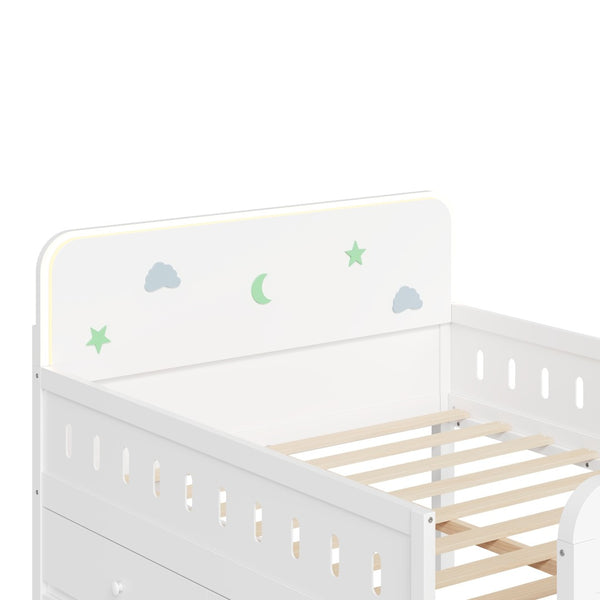 English Elm Wooden Full Bed Frame with Led Headboard Four Storage Drawers and Ladder Shelf White N7090004028K