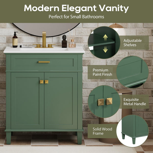 English Elm 30-inch bathroom vanity with ceramic basin, solid wood frame, soft-close doors and adjustable shelves for organized style and lasting durability Green N729P173380F