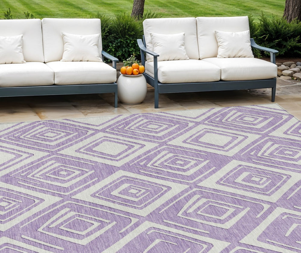 HomeRoots 9' Stylish Lavender and Ivory Geometric Washable Area Rug for Indoor and Outdoor Spaces 9' X 12' 589960