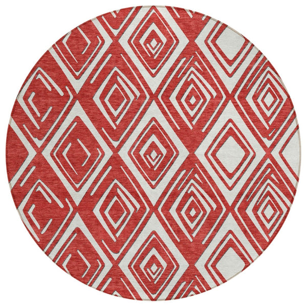 HomeRoots 5' Bold Red and Ivory Geometric Washable Area Rug - Durable, Stylish for Indoor & Outdoor Spaces 8' Round 589988