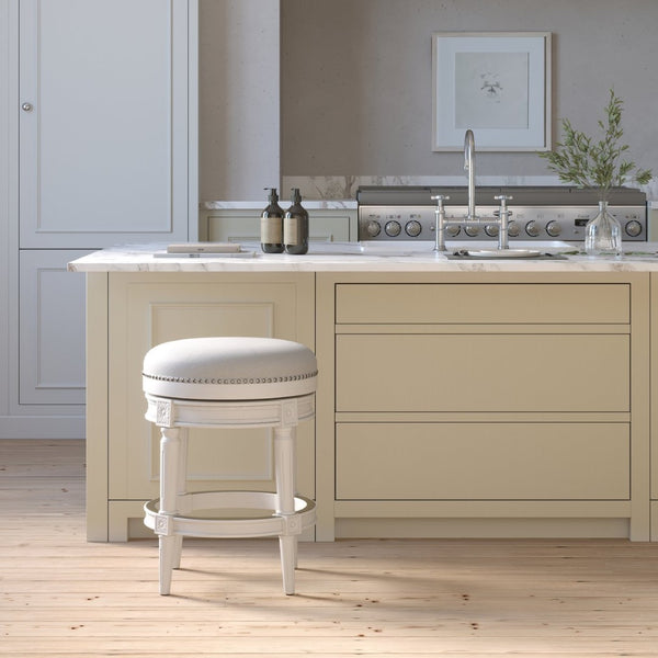 English Elm 26in. Faux Leather Swivel Barstool Nailhead Trim Carved Wood Counter Height Kitchen White B2751P436438